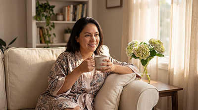 A smiling woman in a patterned robe with a bandage on her nose sits on a couch holding a mug. Soft morning sunlight fills the cozy living room.